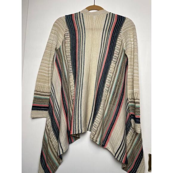 Multicolored Boho Cardigan Womens Medium Open Knit Beige Sweater Striped Top - Picture 6 of 11